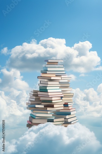 A stack of books in the sky among the clouds. The concept of cloud storage of information