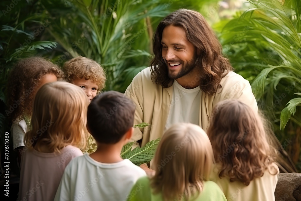 Jesus Christ talking to children, Jesus and children smiling Jesus Christ talking to children, Jesus and children smiling