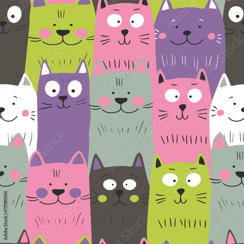 Seamless pattern with cute kitten print. Different scandy cats on color background. Scandinavian style illustration for kids. Vector illustration for fabric, textile, wallpaper, home clothing, pajama