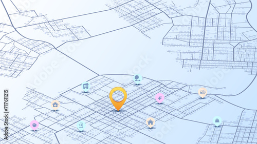 Abstract navigation plan of urban area. Simple scheme of city with poi and markers on the map. Infrastructure marker. Vector, illustration, background