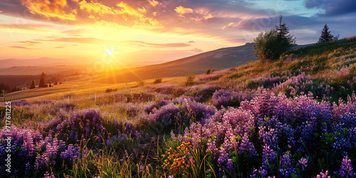 Captivating panoramic sunset over a field of purple wildflowers and grass, with the golden sun casting a vibrant glow on the picturesque landscape photo
