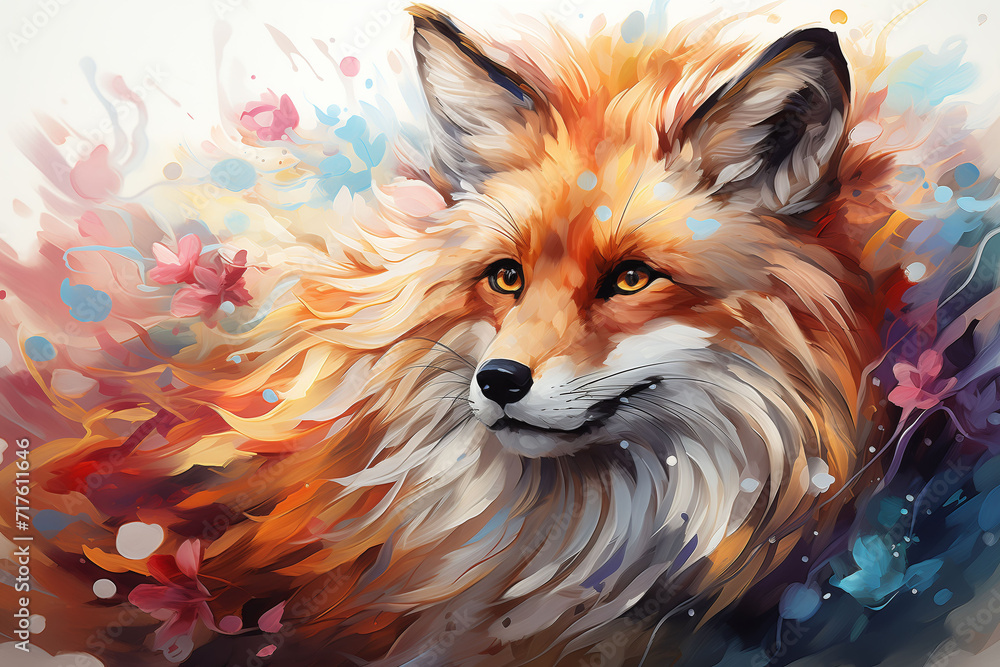 Fototapeta premium Colorful fox on white background. Watrcolor painting. Poster for baby room. Childish print for nursery. Design for t-shirt, greeting post card