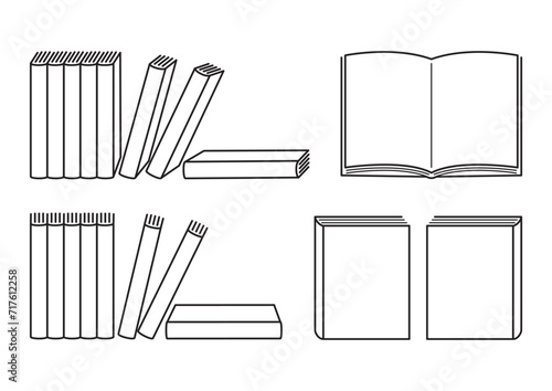 いろいろなバリエーションの本の白黒イラストセット　Black and white illustration set of books in various variations