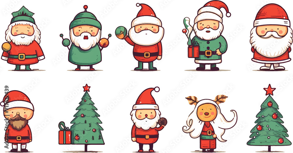 Collection of Christmas characters and icons on transparent background