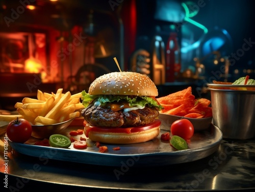 Juicy burger on hot plate with fries and tomato sauce