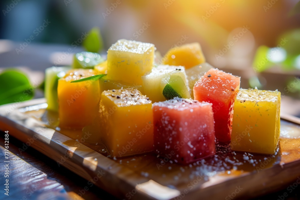Assorted fresh fruit cubes with powdered sugar on a wooden board, backlit with a warm glow.