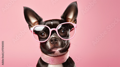 Cute dog with glasses on a pink background © Ashley