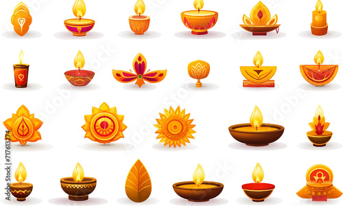 Collection of diwali decoration icons on transparent background