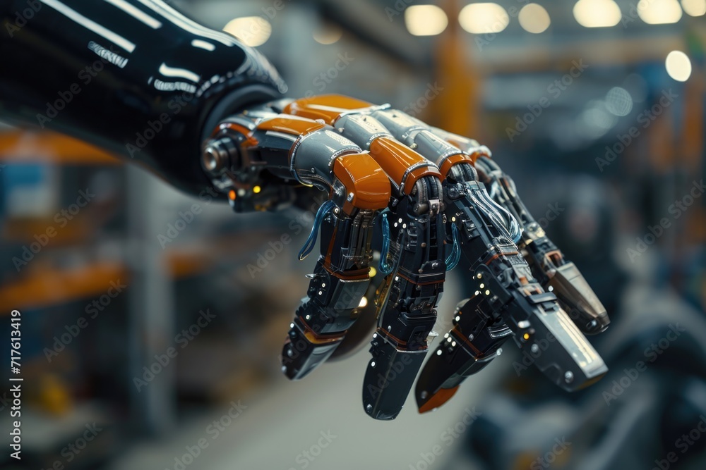 A close-up of a robot's hand in a warehouse. Can be used to depict automation, technology, or industrial processes
