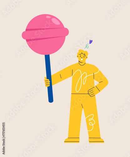 Man holding big candy lollipop sweetness. Colorful vector illustration.