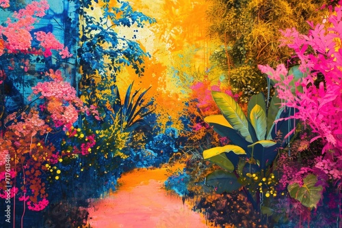 A painting of a path through a colorful forest. Suitable for nature and landscape designs
