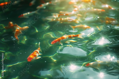 A group of fish swimming together in a pond. Perfect for aquatic-themed designs and educational materials © Fotograf