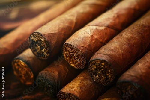 A close-up view of a bunch of cigars. This image can be used to illustrate tobacco products or for articles and blogs related to smoking, luxury, or relaxation photo