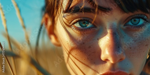 A close-up view of a woman's face with noticeable freckles. This image can be used to represent natural beauty, skincare, or diversity