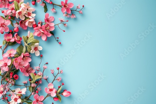 A blue background with pink flowers and green leaves. Suitable for various design projects