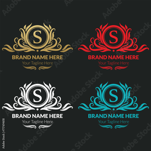 Luxury Logo Template with Luxurious Golden monogram crest and baroque style design for wedding invitation, Hotel, Boutique brand identity. Vector Illustration. s letter logo concept