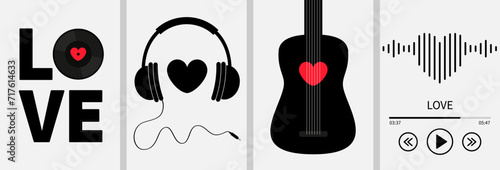 Happy Valentines Day poster, greeting card, banner set. LOVE. Black vinyl record disk. Heart sign symbol. Headphones, Guitar, sound wave music player. Flat design. White background. Isolated.