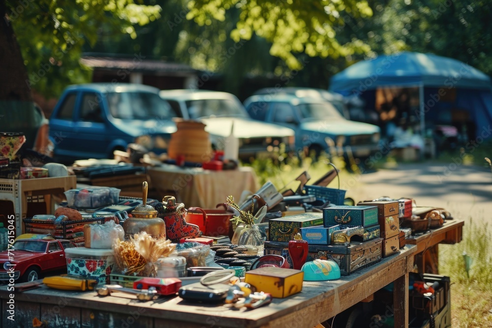 A picture of a wooden table covered in a variety of miscellaneous objects. A picture of a wooden table covered in a variety of miscellaneous objects.