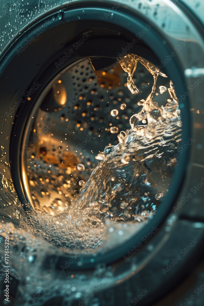 Water flowing from a washing machine. Perfect for illustrating household chores or the process of doing laundry