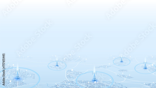 The Signal tower of 5G signal, networks to distribute fast signals on area. Wireless network communication on map of city. Editable isometric, vector illustration