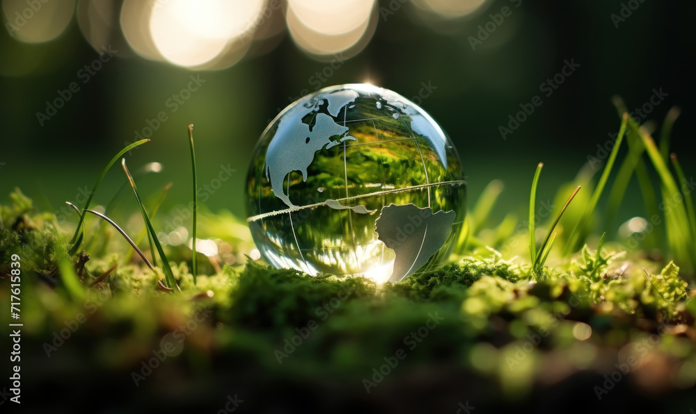 A miniature globe in a clear glass sphere rests amidst lush green grass, reflecting the concept of a delicate, sustainable world needing protection