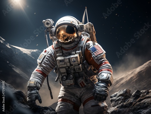 Astronaut with american flag on the background of the planet.
