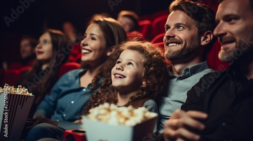 A cheerful young family with their daughter is watching a movie at the cinema with popcorn. Having fun with children, recreation and entertainment concepts.