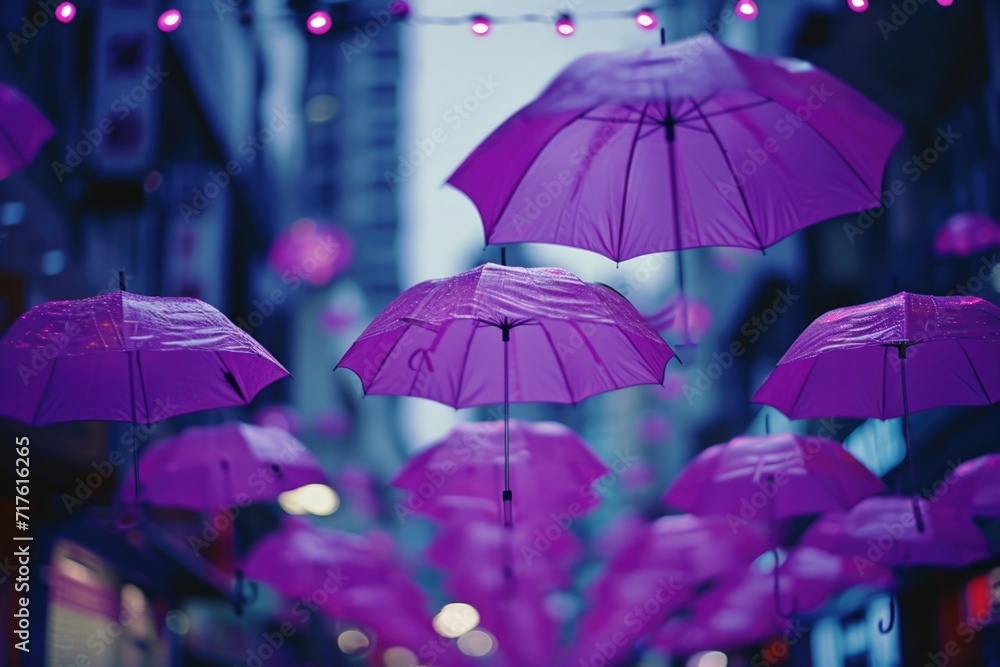 A bunch of purple umbrellas hanging from a string. Suitable for various creative projects