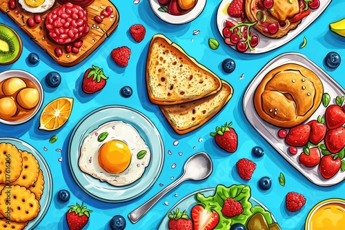 A collection of different breakfast foods arranged on a blue background. Perfect for illustrating a balanced breakfast or showcasing a variety of morning meal options © Fotograf