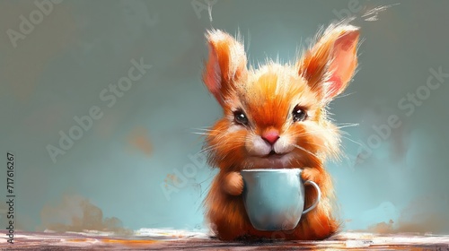 grungy noise texture art, happy rabbit drinking coffee, generative Ai