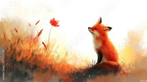 grungy noise texture art, happy red fox in flower field , whimsical fantasy fairytale contemporary creative illustration, Generative Ai © QuietWord