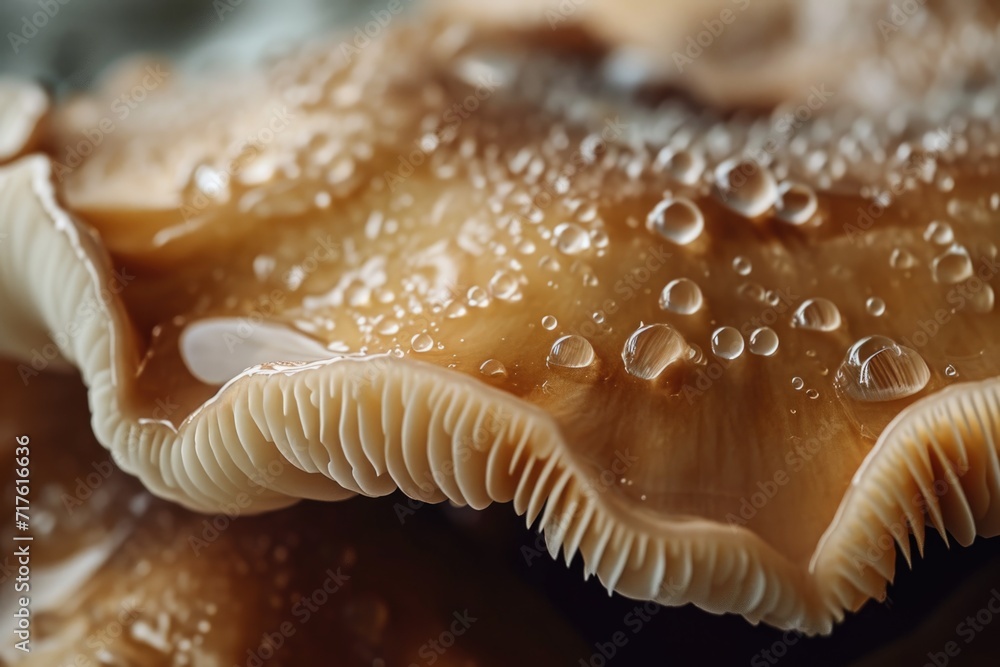 A detailed close-up view of a mushroom with small water droplets on its surface. A detailed close-up view of a mushroom with small water droplets on its surface.