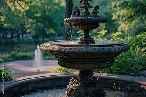 A picture of a fountain in the middle of a park. This image can be used to depict a serene and peaceful outdoor setting