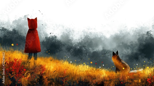 grungy noise texture art, a kid with red fox in grass field, Generative Ai