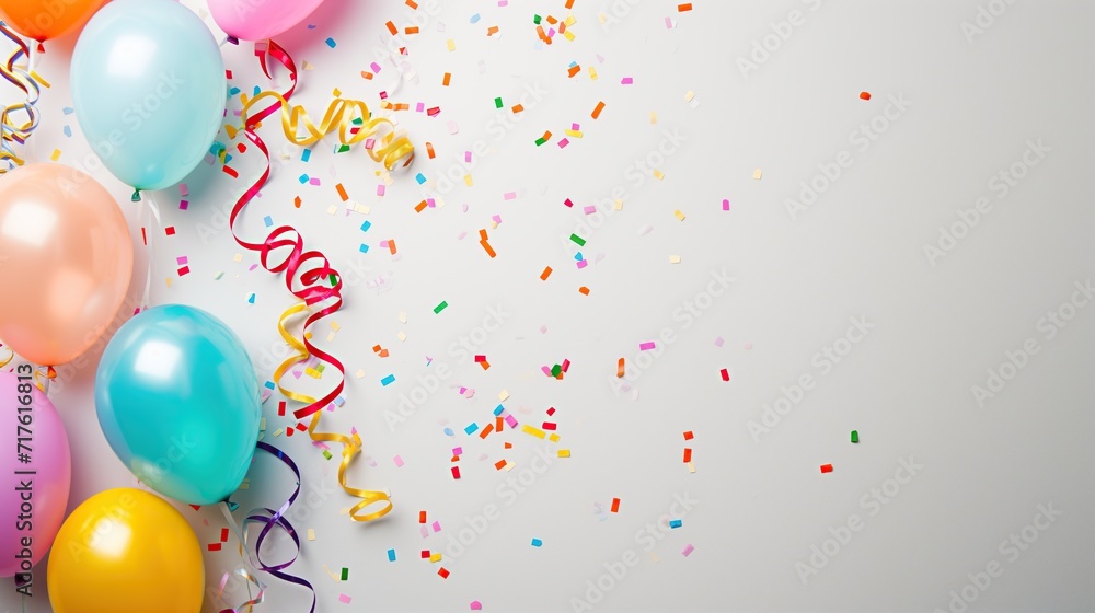 Balloons, Streamers, and Confetti Adorning an Empty Background with copy space, Happy Atmosphere of the Festival, carnival or birthday party. Balloons, Streamers, and Confetti Adorning an Empty Background with copy space, Happy Atmosphere of the Festival, carnival or birthday party.