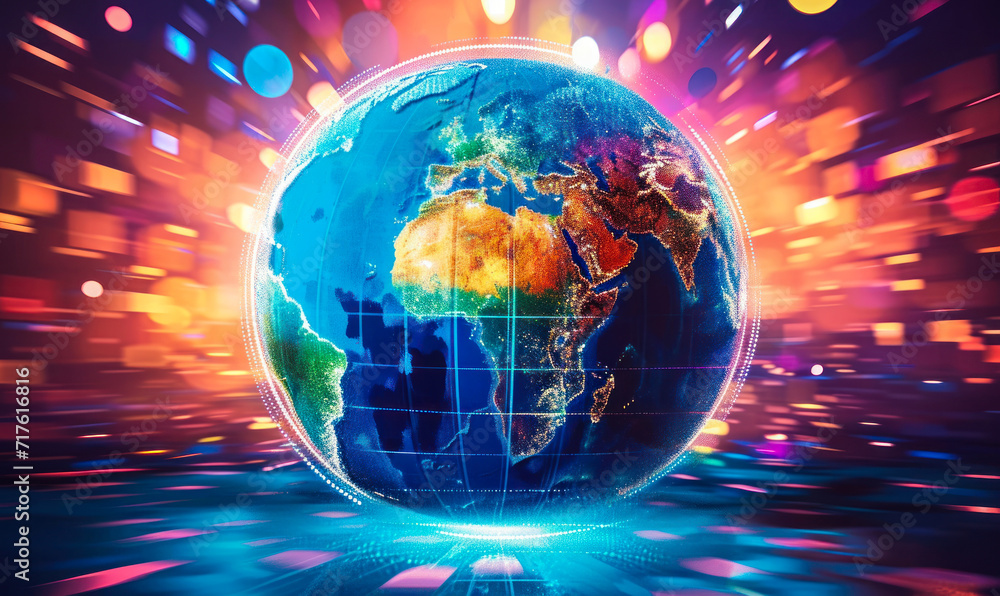 Vibrant digital illustration of a stylized globe with continents shining brightly, symbolizing global connectivity and diversity in a digital era