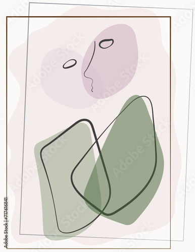 Abstract boho style vector illustration of two people embracing in a kiss