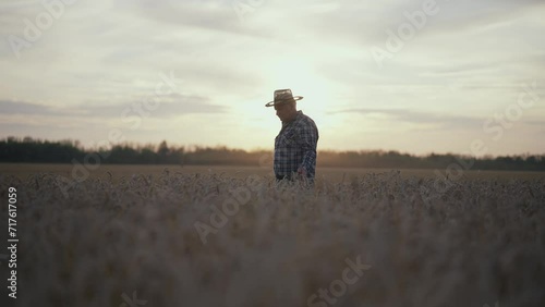 Senior man farmer in straw hat walking on wheat field looking on distance at sunset. Farmland lifestyle, enjoying living on farm, in village. Agribusiness, food production, industrial agriculture. photo