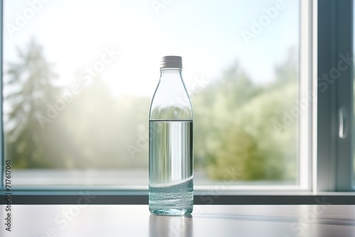 A clear bottle in the photo in front of a gray background. generative AI