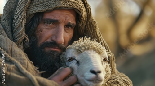 A man with a beard holding a sheep. Suitable for agricultural or farming concepts