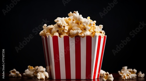 Striped popcorn box on a black background with copy space. A movie evening and a pleasant pastime concept.