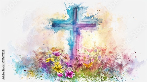 A beautiful watercolor painting of a cross surrounded by vibrant flowers. Perfect for religious and spiritual themes, as well as Easter and spring celebrations