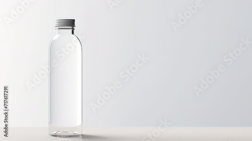 A clear empty glass bottle in the photo in front of a gray background photo