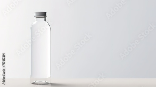 A clear empty glass bottle in the photo in front of a gray background