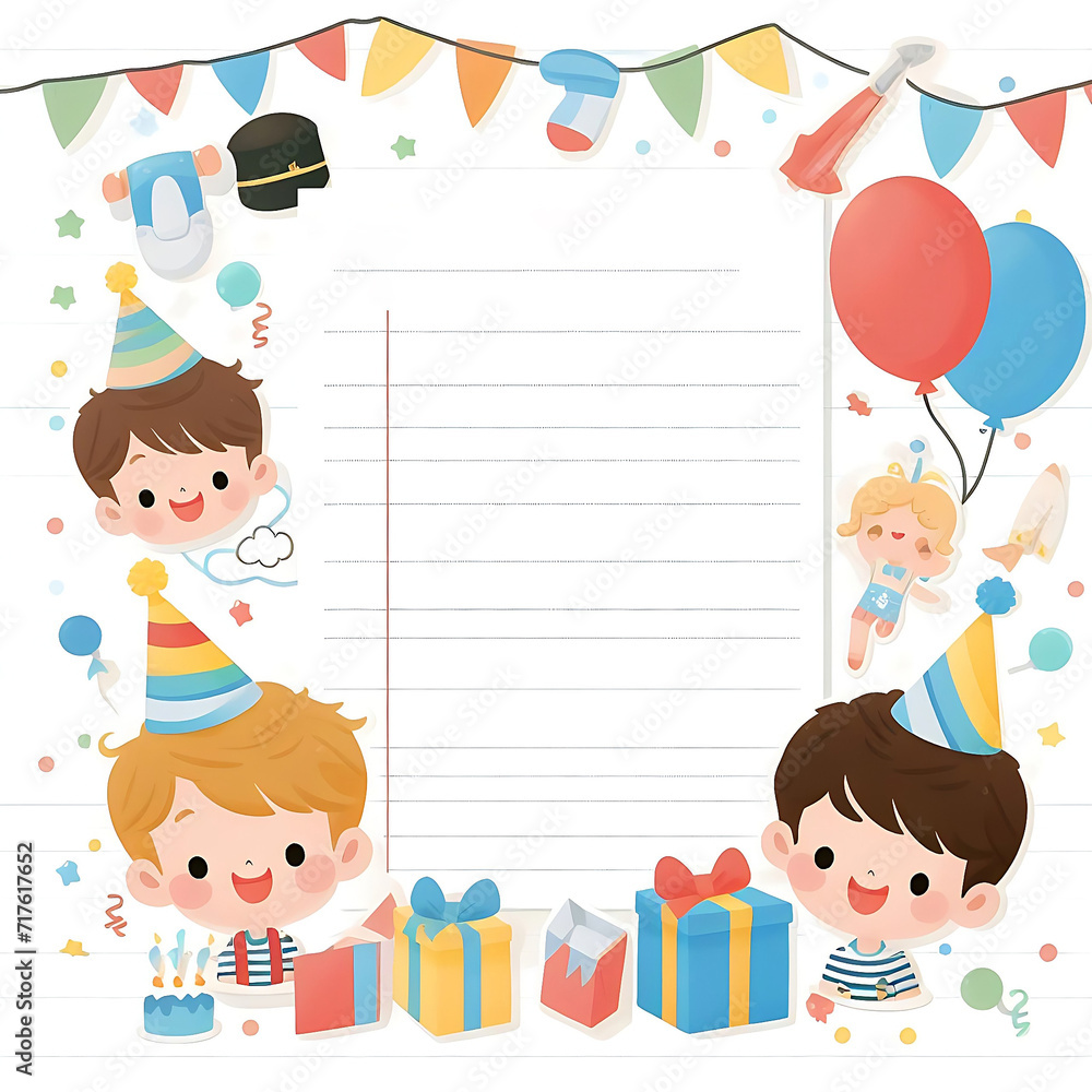 Joyful Children's Party Invitation with Cartoon Illustration, Happy Boys Playing, Framed in a Fun-filled Atmosphere of Education and Friendship Joyful Children's Party Invitation with Cartoon Illustration, Happy Boys Playing, Framed in a Fun-filled Atmosphere of Education and Friendship