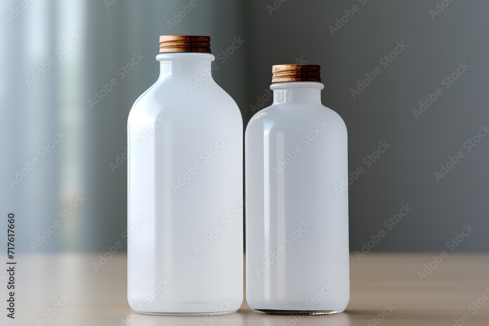 A clear empty glass bottle in the photo in front of a gray background A clear empty glass bottle in the photo in front of a gray background