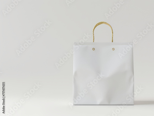A blank white paper shopping bag against a grey background.