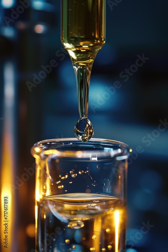 A detailed close-up image of a single liquid drop in a glass of water. This versatile image can be used to represent purity, hydration, freshness, or even scientific concepts