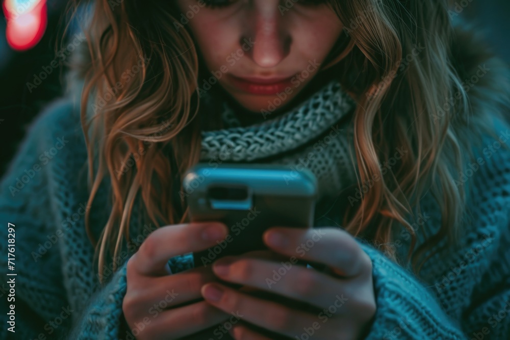 A woman is looking at her cell phone. This image can be used to illustrate technology, communication, or modern lifestyle A woman is looking at her cell phone. This image can be used to illustrate technology, communication, or modern lifestyle