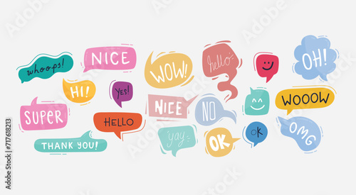 Bright colored speech bubbles with expressions. Abstract doodle speech bubbles with different phrases, text labels and empty thought clouds modern vector icons set. Bright dialogue clouds pack isolate